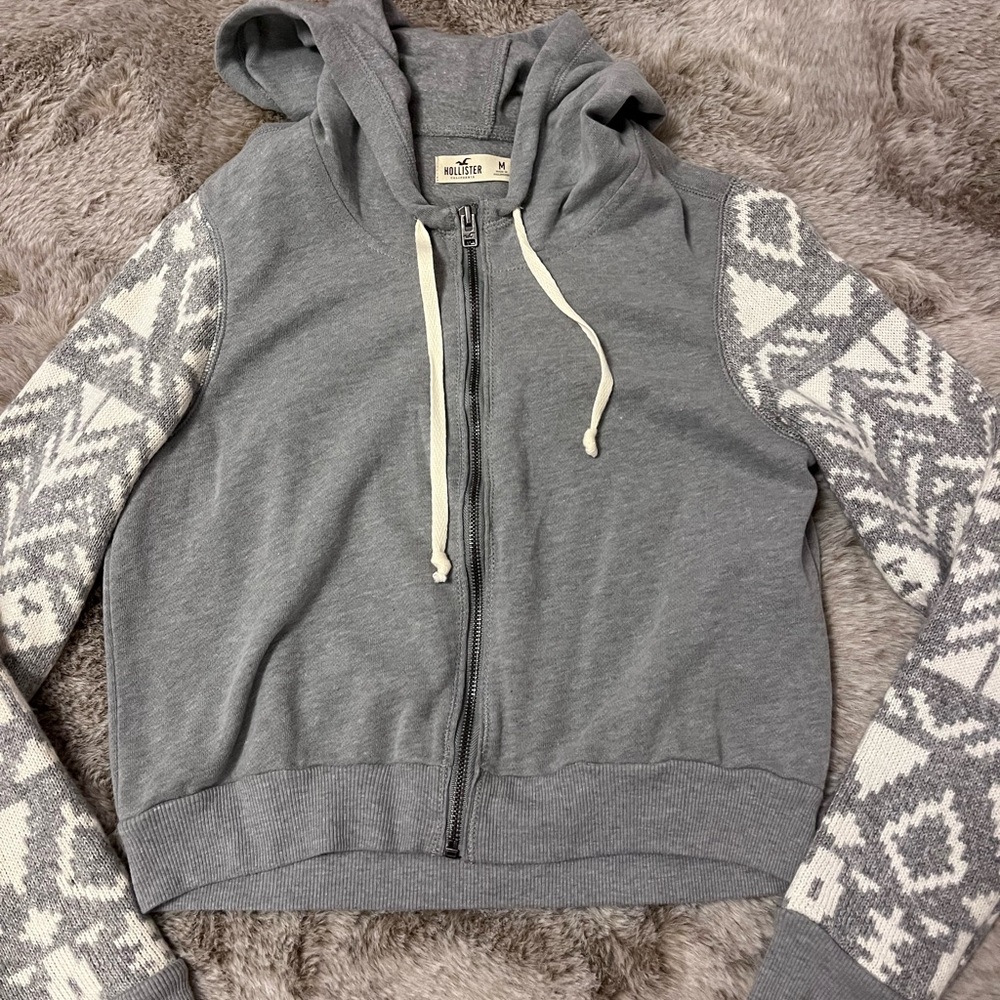 Vintage Hollister Knit Grey Hoodie with Patterned Sleeves